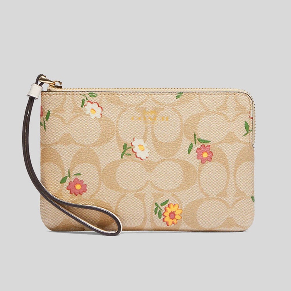 Coach Corner Zip Wristlet In Signature Canvas With Ditsy Print Light Khaki